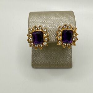 Avon vintage earrings, gold tone metal with purple and clear rhinestones